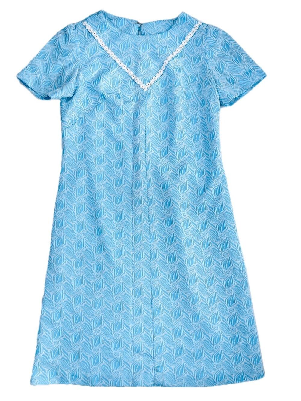 Vintage 60s Pale Blue Babydoll Dress Medium Geometric Flower Trim Short Sleeve